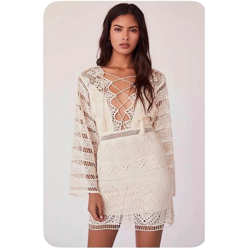 Jens Pirate Booty Isabella Crochet Lace Mini Dress Cream Boho Tassel Small - Picture 1 of 10